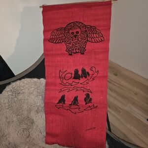 Agnes Nanogak Goose "Owl Family" stonecut print/wall Hanging Holeman on Fabric